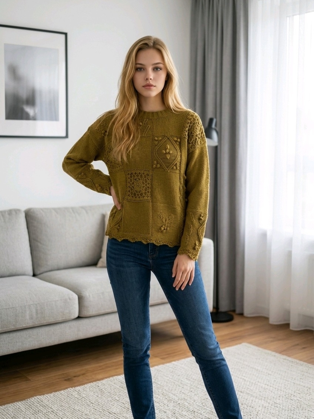 Vintage Women’s Olive Green Patchwork Cable Knit Crew Sweater
